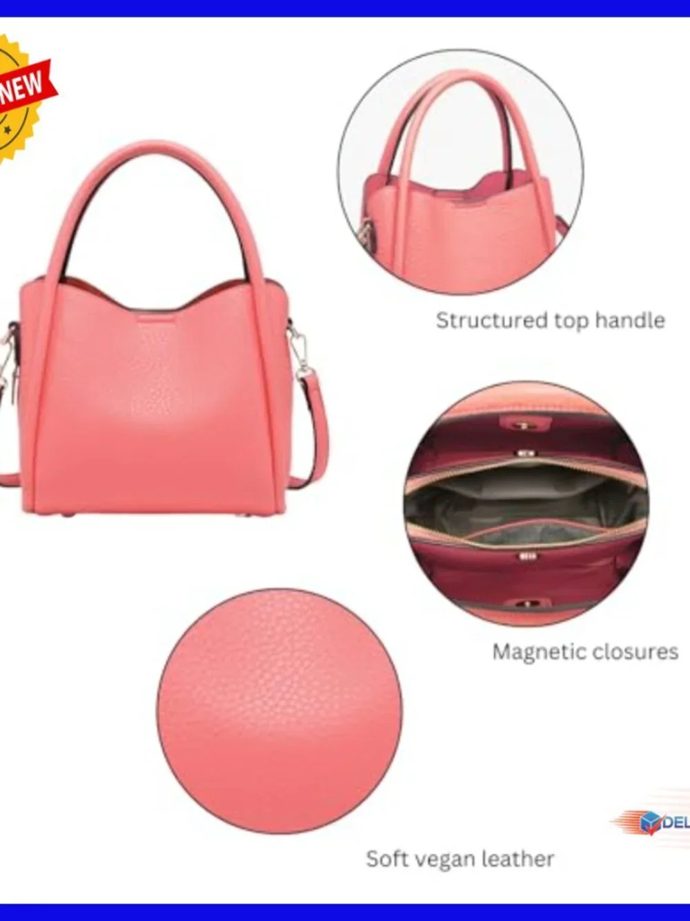 Vegan Leather Satchel with Adjustable Strap, 3 Compartments, 10x8x5